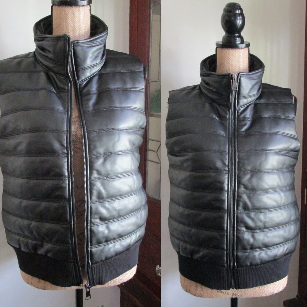 Max Studio Faux Leather Puffer Vest M Zip Up Mock Neck Black Quilted Streetwear - Picture 16 of 17